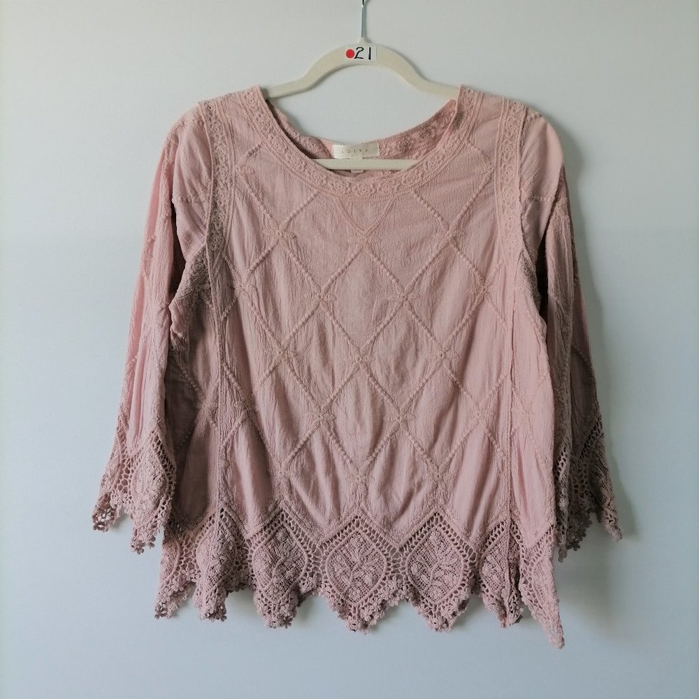 Adiva Womens Pink Round Neck 3/4 Sleeves Embroidered Crochet Hem Top Size S